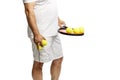 Middle aged man with racket and tennis balls. Isolated on a white background Royalty Free Stock Photo