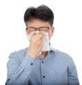 A middle-aged man suffering from rhinitis on white background