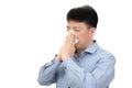 A middle-aged man suffering from rhinitis on white background