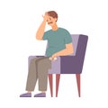 Middle aged man tired and exhausted in armchair, vector illustration isolated. Royalty Free Stock Photo