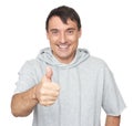 Middle aged man wearing hooded sweatshirt isolated