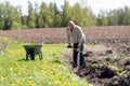 Middle aged man working with garden tools, shovel and wheelbarrow on the site of a country house Royalty Free Stock Photo