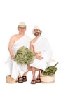 Middle-aged men in Russian sauna bathing costumes