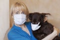 Middle aged woman with blond hair holds little brown dog in hands, the both are in sanitizing masks. Virus and protective measures