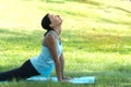 Middle-aged woman doing Yoga in the parks. Female standing on Yoga mat on the grass in the park exercises outdoors. Royalty Free Stock Photo