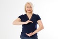 Middle-aged woman holding something on hands, Full body portrait of happy smiling young beautiful midle agewoman showing something Royalty Free Stock Photo