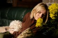 A Middle-aged Woman And A Large Shaggy Dog Are Sitting On A Couch. Relationships, Friendship, Love Of Man And Dog