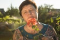 Middle-aged woman and a rose. The woman inhales the aroma of the rose at sunset. The rose shines at sunset Royalty Free Stock Photo