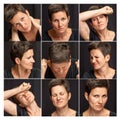 Middle-aged woman with short hair with negative emotions. Collage. Black background. Square format