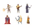 Middle Ages Character with Bard Playing Lute, Knight with Sword and King in Mantle Vector Illustration Set Royalty Free Stock Photo