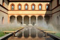 Middle Ages courtyard with pool in surreal fog Royalty Free Stock Photo