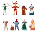 Middle Ages town and country different people flat vector illustration isolated. Royalty Free Stock Photo