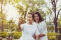 Middle Asian woman selfie with mobile phone,Daughter take care and support,Enjoying at nature,Positive thinking,Happy and smiling Royalty Free Stock Photo