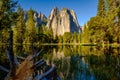 Middle Cathedral Rock reflecting in Merced River at Yosemite Royalty Free Stock Photo