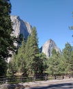 Middle Cathedral Rock seen behind green sugar pine trees in Yosemite National Park, California Royalty Free Stock Photo