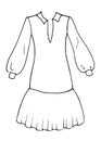 Middle dress with flounces cloth Hand drawn fashion sketch. Flat vector isolated outline illustration