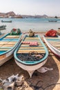 Fishing boats on the beach in the harbor of Sur, Oman Royalty Free Stock Photo