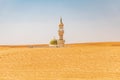 The minaret and dome of an isolated mosque in the desert of Oman