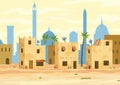 Middle east. Arabic desert landscape with traditional mud brick houses. Ancient building on background. Flat vector Royalty Free Stock Photo