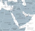 The Middle East, gray political map with capitals and international borders