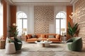 Middle east interior design of living room with orange sofa and green armchairs. Created with generative AI