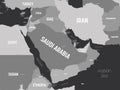 Middle East map - grey colored on dark background. High detailed political map of Middle East and Arabian Peninsula Royalty Free Stock Photo