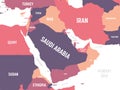 Middle East map. High detailed political map of Middle East and Arabian Peninsula region with country, ocean and sea Royalty Free Stock Photo