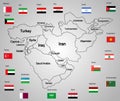 Middle east map set of states and flags. Royalty Free Stock Photo