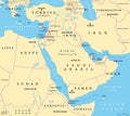 The Middle East, political map with capitals and international borders