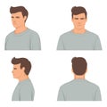 man, male face portrait, Front, profile, side view and back, vector illustration