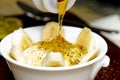 Middle eastern creamy dessert with nuts and honey Royalty Free Stock Photo