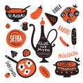 Middle eastern cuisine. Taste the myth. Funny hand drawn illustration and names of dishes made in vector.