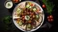 A Middle Eastern delight, falafel top-down view, crispy chickpea patties served on pita bread with veggies and tahini sauce,