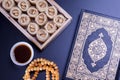 Middle Eastern dessert Bulbul Nest knafeh served with Arabic black coffee Qahwah. Top view of Turlish Baklava food photography Royalty Free Stock Photo