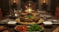 A Middle Eastern dining table is set with a large platter of meat on a bed of noodles. Royalty Free Stock Photo