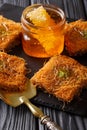 Middle Eastern food: kunafeh with pistachios and honey close-up. vertical Royalty Free Stock Photo