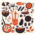 Middle eastern food. Set of hand drawn illustration of different tradishional middle eastern dishes made in doodle style