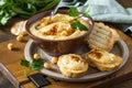 Middle Eastern, Hummus Arabic Cuisine. Vegetarian dips Homemade chickpea hummus with olive oil, paprika on a rustic table.