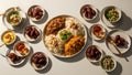 Middle Eastern rice and dates platter with traditional side dishes and tea Royalty Free Stock Photo