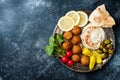 Middle Eastern meze platter with falafel, pita, hummus, pickles, radishes. Mediterranean or greek appetizer party Royalty Free Stock Photo