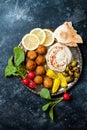 Middle Eastern meze platter with falafel, pita, hummus, pickles, radishes. Mediterranean or greek appetizer party idea. Royalty Free Stock Photo