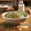 Middle Eastern seasoning za'atar in a bowl close-up. Blurred background. AI generated Royalty Free Stock Photo