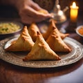 Middle Eastern style room as close up photography documents the serving of samosas for an Iftar meal during Ramadan
