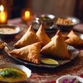 In a Middle Eastern-style room with a warm ambience, close-up photography captures the serving of samosas for an Iftar meal at