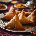 In a Middle Eastern style room with a warm ambience, close up photography showcases the serving of samosas for an Iftar meal