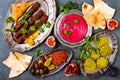 Middle Eastern traditional dinner. Authentic arab cuisine. Meze party food. Top view, flat lay