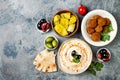 Middle Eastern traditional dinner. Authentic arab cuisine. Meze party food. Top view, flat lay, overhead. Royalty Free Stock Photo