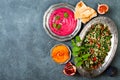 Middle Eastern traditional dinner. Authentic arab cuisine. Meze party food. Top view, flat lay Royalty Free Stock Photo