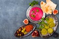 Middle Eastern traditional dinner. Authentic arab cuisine. Meze party food. Top view, flat lay Royalty Free Stock Photo