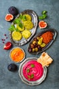 Middle Eastern traditional dinner. Authentic arab cuisine. Meze party food. Top view, flat lay